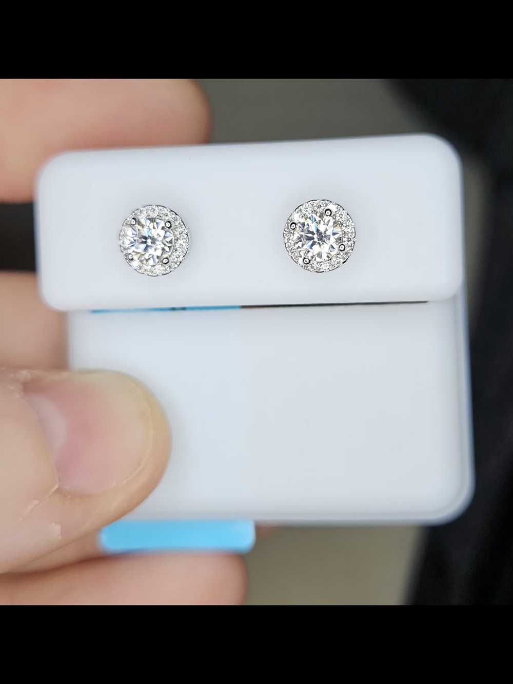925 Sterling Silver Moissanite Halo Round Stud Earrings - Picture 7 of 10